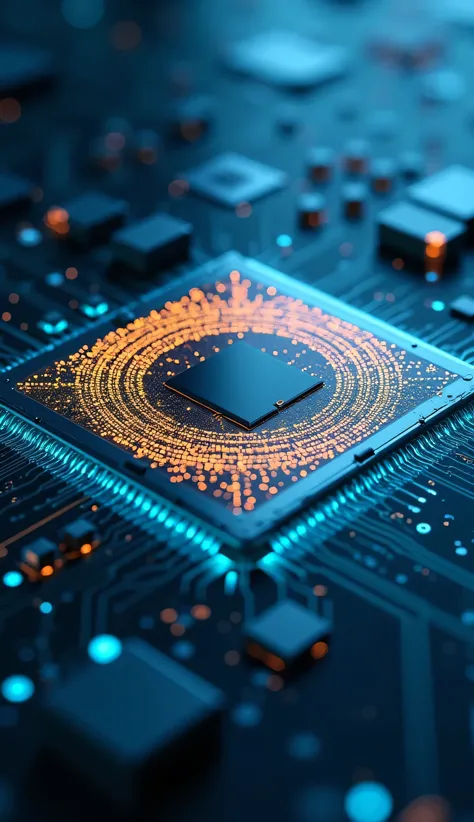Extreme macro of quantum microchip, liquid-cooled copper veins glowing cyan, fractal antenna arrays radiating golden light, mirrored surface blending into cloud server schematics. Shot at f/2.2, icy blue bokeh highlights, minimalist tech style with metalli...