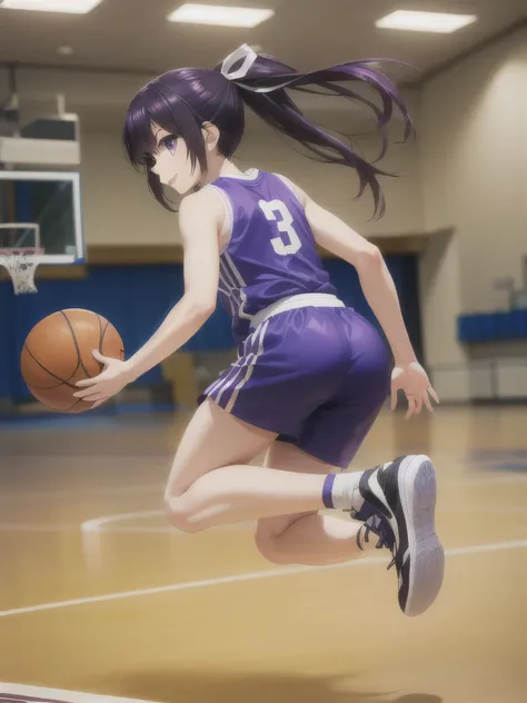 A young female basketball player executing a dynamic jump shot with precision and grace. The basketball is held firmly in both hands as she aims for the hoop, her form exuding confidence and mastery. Her slim-fit basketball uniform highlights her athletic ...