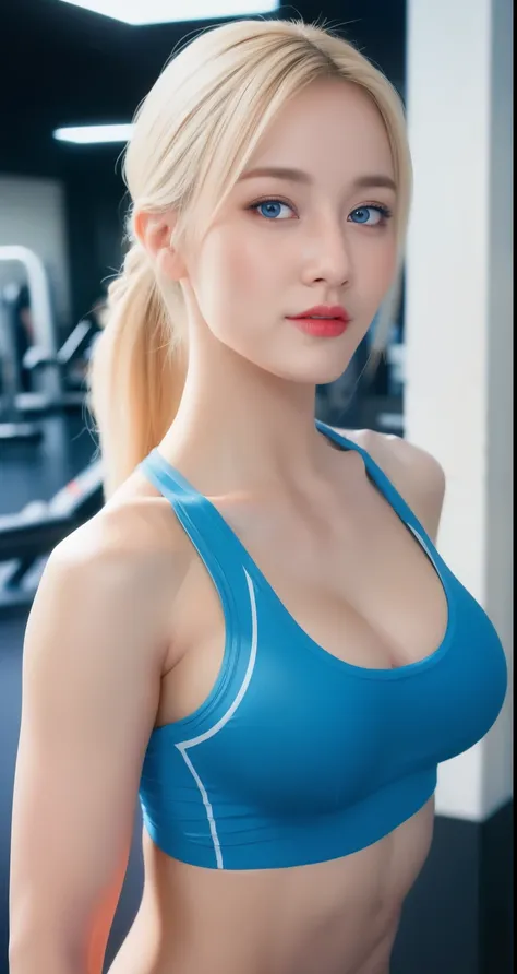 a beautiful blonde-haired girl with blue eyes, wearing tight athletic clothes, doing workout in the gym, (big breasts), muscular fit body, hair tied up, extremely detailed, photorealistic, 8k, best quality, masterpiece, detailed face, beautiful detailed ey...