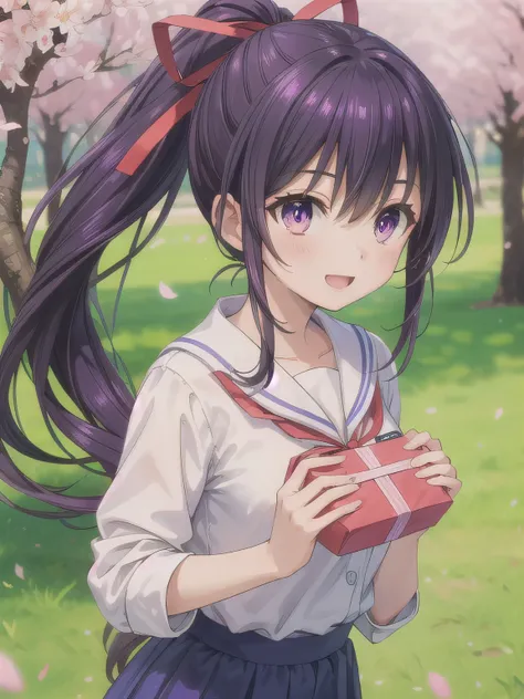 A stunningly beautiful 20-year-old woman stands in a lush green park full of cherry blossoms in full bloom under a clear blue sky. She is wearing a classic sailor uniform and holds a neatly wrapped gift box with a red ribbon in both hands in front of her c...