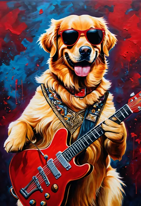  An acrylic painting inspired by the painting of,  Golden Retriever Michael Ray Charles Playing Guitar While Wearing Sunglasses ,  Shutterstock Contest Winners,  Furry Art, Lockout,  He's a Rock Star ,  Red sunglasses and guitar , Guitarist, Outsourced ,  ...