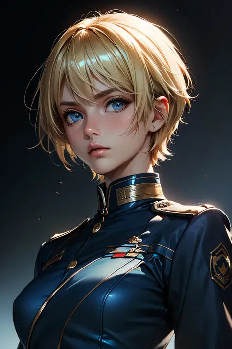  perfect anatomy　 top quality, highest resolution ,(((blue military uniform with metallic luster　Shiny Blonde　short hair　 straight　 dark blue eyes )))　 expressionless 　woman　battlefield　flat chest