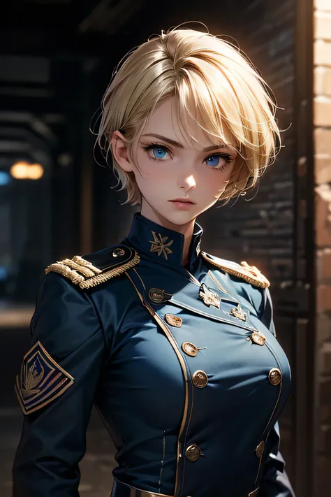  perfect anatomy　 top quality, highest resolution ,(((blue military uniform with metallic luster　Shiny Blonde　short hair　 straight　 dark blue eyes )))　 expressionless 　woman　battlefield　flat chest