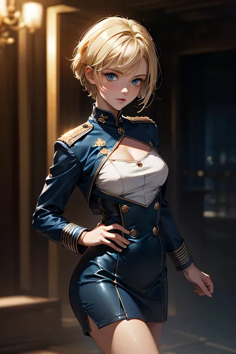  perfect anatomy　 top quality, highest resolution ,(((blue military uniform with metallic luster　Shiny Blonde　short hair　 straight　 dark blue eyes )))　woman　battlefield　flat chest