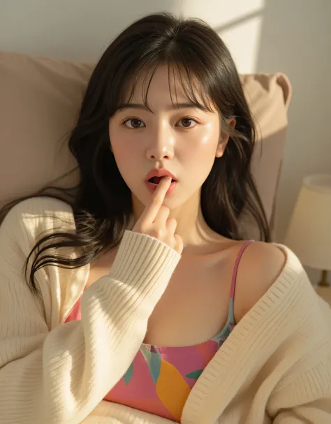 "A photograph of a young Japanese woman with a sweet and innocent appearance. Her fair, translucent skin has a natural, dewy glow, and her long, silky black hair cascades gently over her shoulders, subtly reflecting the morning sunlight. Wispy bangs rest o...