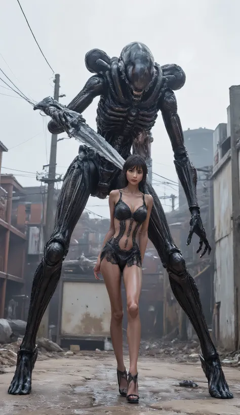 God Eater, a gorgeous Japanese girl in a deep V sheer lace mini dress, stockings, and gorgeous super high heels, standing in a dystopian urban setting, holding a huge, highly detailed mechanical chainsaw-like sword, It's filled with complex mechanical part...