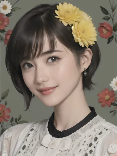 354 (20-year-old woman),( short hair), ( HD), (smile), (flower)