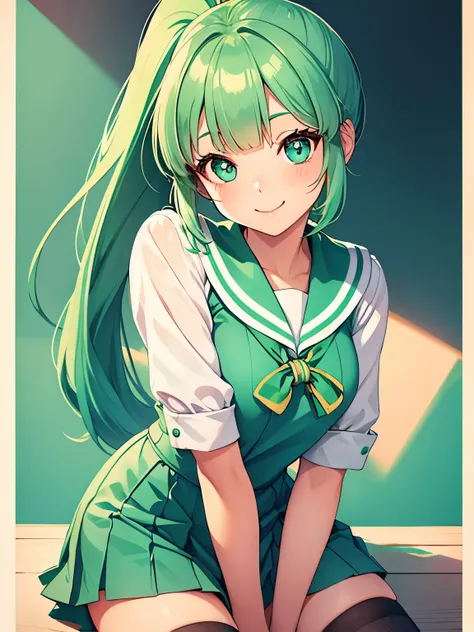 A young woman in a mint-colored sailor uniform, looking away from the camera with a playful smile, her big eyes and double eyelids framed by blunt bangs and a ponytail of mint-colored hair, high angle full body shot