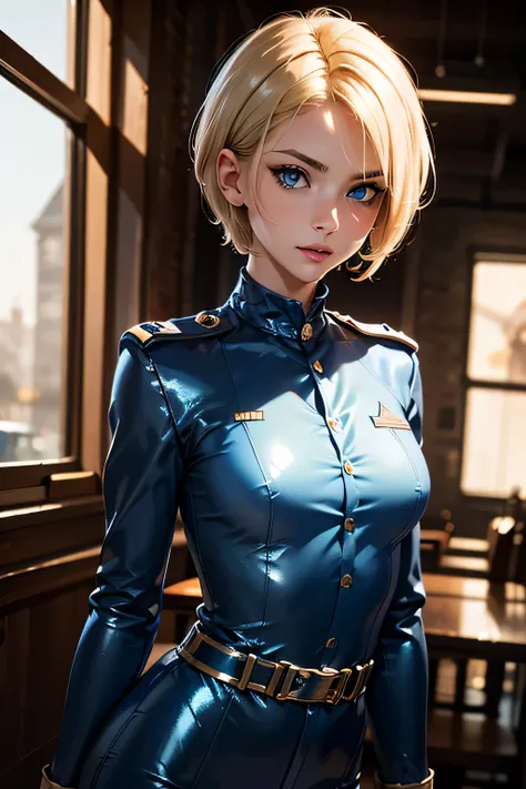  perfect anatomy　 top quality, highest resolution ,(((blue military uniform with metallic luster　Shiny Blonde　short hair　 straight　 dark blue eyes )))　woman　battlefield　flat chest