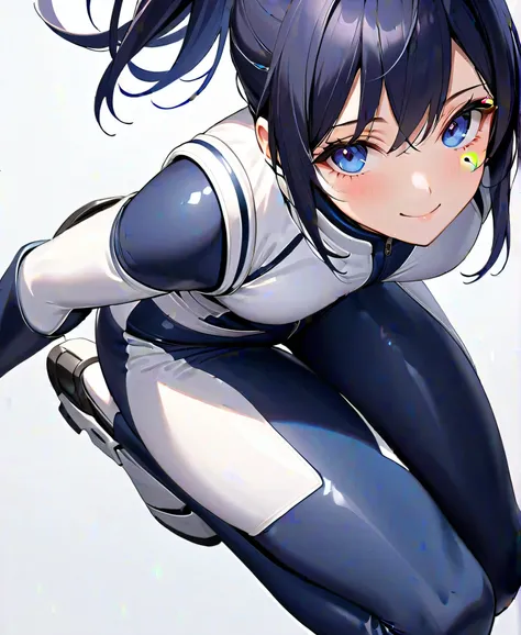 (​masterpiece、  Top Quality、  highest resolution 、 Clear Images 、  detailed image 、  The angle is from above  ): (  Japanese woman 、  High Ponytail 、  dark blue hair  、 Sparkling blue eyes 、(  white and navy blue pilot suit （Enamel Finish ）、white and dark ...