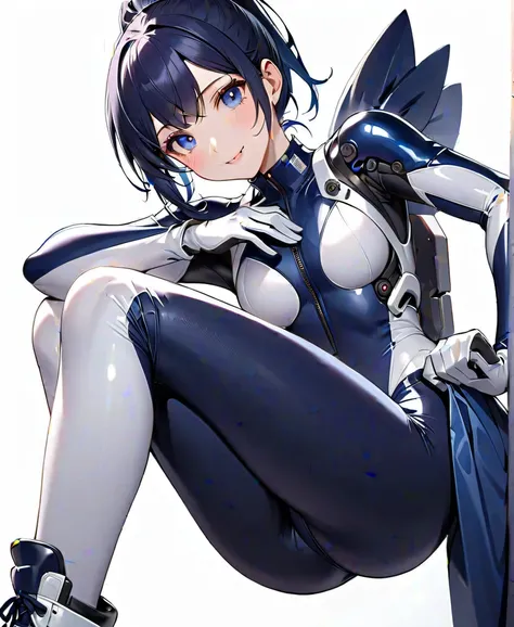 (​masterpiece、  Top Quality、  highest resolution 、 Clear Images 、  detailed image 、  The angle is from above  ): (  Japanese woman 、  High Ponytail 、  dark blue hair  、 Sparkling blue eyes 、(  white and navy blue pilot suit （Enamel Finish ）、white and dark ...