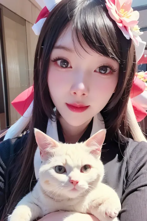 Close-up shot of the face of a Chinese woman wearing a hair band with bows and flowers , cute kawaii girl,  very cute cat lady,  photo of Belle Delphine , Sakimichan,  Naruto, Clear cute face  ,  of a cute Wan Asian face, kawaii aesthetics  , sakimi-chan
