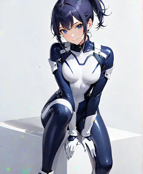 (​masterpiece、  Top Quality、  highest resolution 、 Clear Images 、  detailed image 、  The angle is from above  ): (  Japanese woman 、  High Ponytail 、  dark blue hair  、 Sparkling blue eyes 、(  white and navy blue pilot suit （Enamel Finish ）、white and dark ...