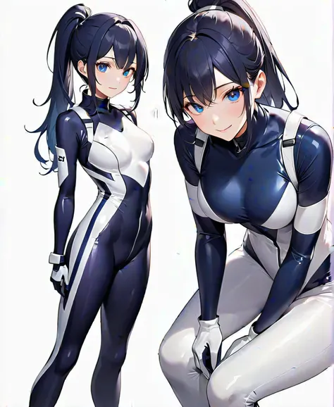 (​masterpiece、  Top Quality、  highest resolution 、 Clear Images 、  detailed image 、  The angle is from above  ): (  Japanese woman 、  High Ponytail 、  dark blue hair  、 Sparkling blue eyes 、(  white and navy blue pilot suit （Enamel Finish ）、white and dark ...