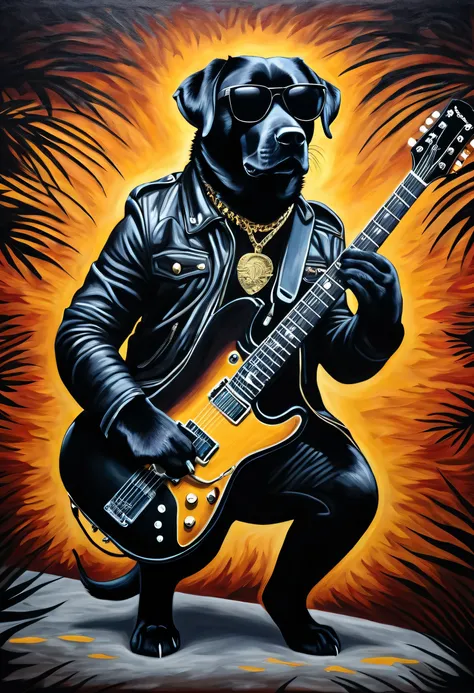  An acrylic painting inspired by the painting of, Labrador retriever Michael Ray Charles plays guitar while wearing black sunglasses ,  Shutterstock Contest Winners,  Furry Art, Lockout,  He's a Rock Star ,  BLACK SUNGLASSES AND GUITAR  , Guitarist, Outsou...