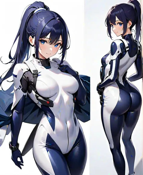 (​masterpiece、  Top Quality、  highest resolution 、 Clear Images 、  detailed image 、  The angle is from above  ): (  Japanese woman 、  High Ponytail 、  dark blue hair  、 Sparkling blue eyes 、(  white and navy blue pilot suit （Enamel Finish ）、white and dark ...