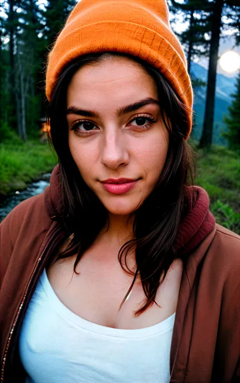 photorealistic, best quality, hyper detailed, beautiful woman, selfie photo, upper body, solo, wearing pullover, outdoors, (night), mountains, real life nature, stars, moon, (cheerful, happy), sleeping bag, gloves, sweater, beanie, flashlight, forest, rock...