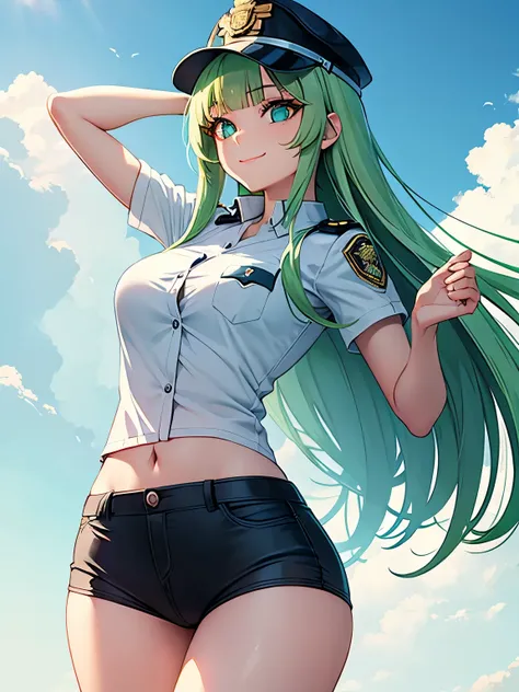 anime, High angle, full body, looking away from the camera, woman, 20years old, slim, big eyes, double eyelids, mint color eyes, blunt bangs, straight long, mint color hair, playful smile, police officer outfit