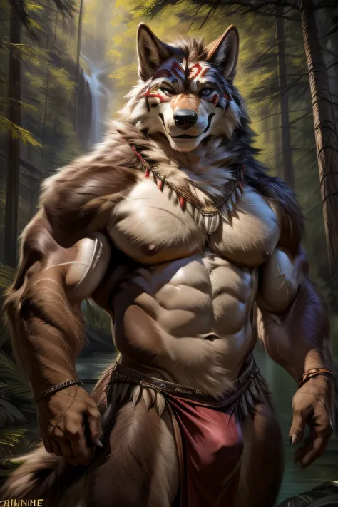 ((By Chunie)), ((By Zaush)) ((By Darkgem)), ((By Anhes)), handsome, sexy, hot, cute male furry anthro ((Wolf)), ((realistic)), half naked, outside, forest, tribal forest, trees, male, male Wolf, Canine, muscles, abs, pecs, nipples, nice nipples, (shirtless...