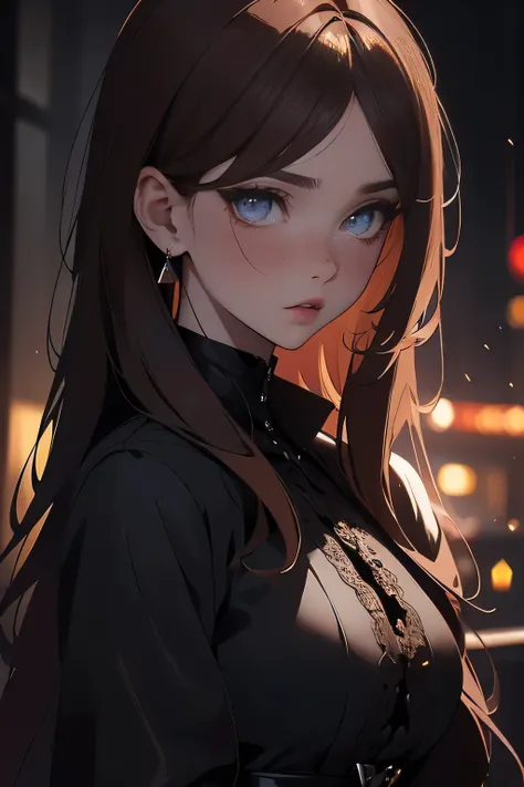 Violent Girl ,  beautiful detailed eyes,  lips with beautiful details ,  Extremely Detailed Eyes and Face , long eyelashes,  brown hair,  expression of anger,  clenched fist, Dark Gothic Fashion ,  Dramatic Lighting,  Moody Vibes,  chiaroscuro, Dark Fantas...