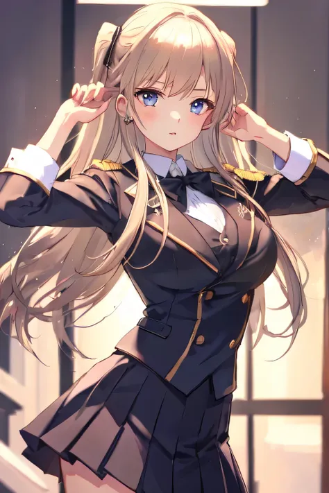 masterpiece, best quality, ultra-detailed, 8K,  1girl, Blazer uniform, Pleated skirt