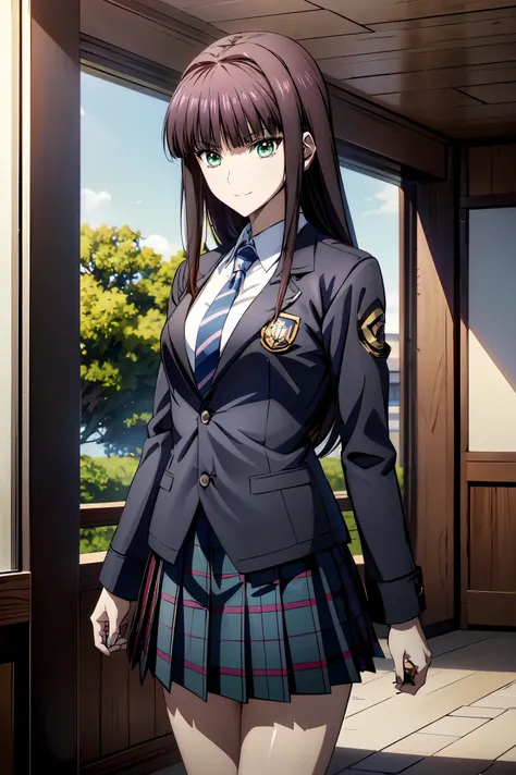 Smiling Face, blazer uniform,赤 purple hair, green eyes , eyes like jewels, Ultra High Resolution, ((( green eyes))),赤 purple hair, beautifulアニメ高校の女の子,(Masterpiece:1.2, 最 high quality ), ( is present, photo is present:1.4), beautifulイラスト, ( natural light...