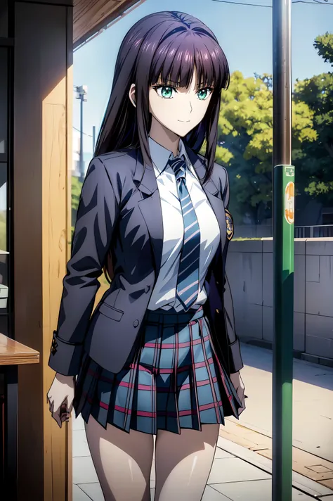 Smiling Face, blazer uniform,赤 purple hair, green eyes , eyes like jewels, Ultra High Resolution, ((( green eyes))),赤 purple hair, beautifulアニメ高校の女の子,(Masterpiece:1.2, 最 high quality ), ( is present, photo is present:1.4), beautifulイラスト, ( natural light...