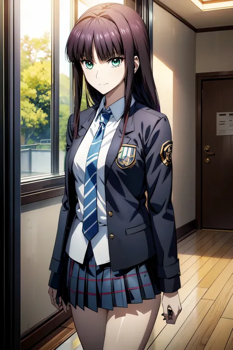 Smiling Face, blazer uniform,赤 purple hair, green eyes , eyes like jewels, Ultra High Resolution, ((( green eyes))),赤 purple hair, beautifulアニメ高校の女の子,(Masterpiece:1.2, 最 high quality ), ( is present, photo is present:1.4), beautifulイラスト, ( natural light...