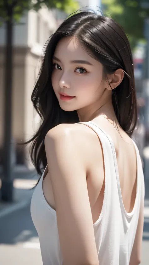 pure 20 year old girl 、(( white tank top standing on the street,  dramatic poses)),smile,Shortcut, nature park 、 RAW Photo , (8k、 top quality、​masterpiece:1.2)、(Delicate details:1.4)、( photorealistic:1.4)、 octane rendering 、 complex 3d rendering super deta...