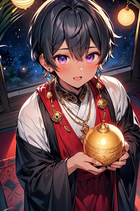 ((male:1.3)),((handsome boy:1.2)),((gay:1.3)), very short straight hair,  black hair,creepy purple eyes ,Bokeh,((Arab clothes  :1.0)), ((Arabian Nights:1.0)),((  Colorful Moonlight Flowers 々:1.0)),(open to mouth:1.1),A perverted smile full of desire,((Fant...