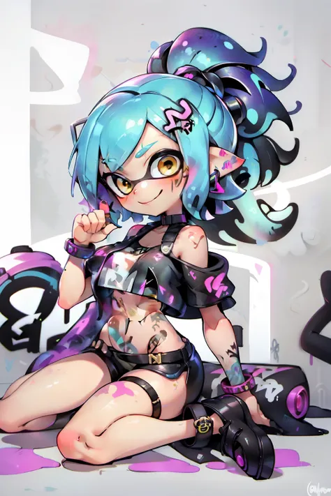  Masterpiece,  top quality,  1 Splatoon girl,  alone,  off shoulder、 crop top, Open front clothing、 choker, ( graffiti:1.5), The paint is ,  turn my arms around my back ,  Hit the wall ,   watches viewers,  bracelet , thigh straps, body paint,  tilts its h...