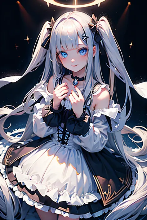  Cute Magical Girl , ( double pan, blunt bangs,  Silver Straight Long Hair ), A lustful and lascivious face, compensate,  blue eyes, Large percentage, white gothic bear top dress ,  choker,  Two Hands Overhead , Background dim basement, ( Super Detail,   a...