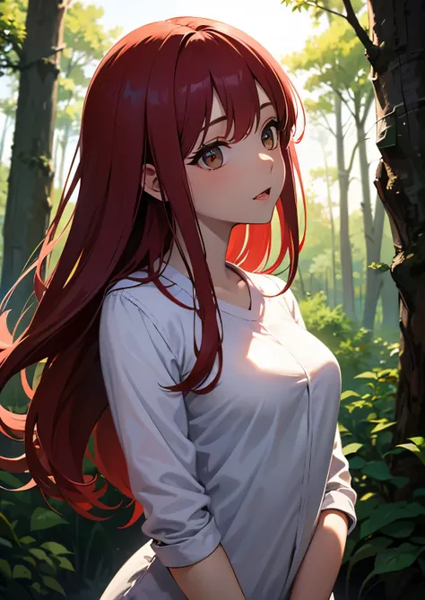  score_8_arriba, BREAK, 1 girl, Alone , Tayuya,  red hair face,  long hair,  brown eyes, yours,  up for body , al aire libre, forest,   arms at the sides,