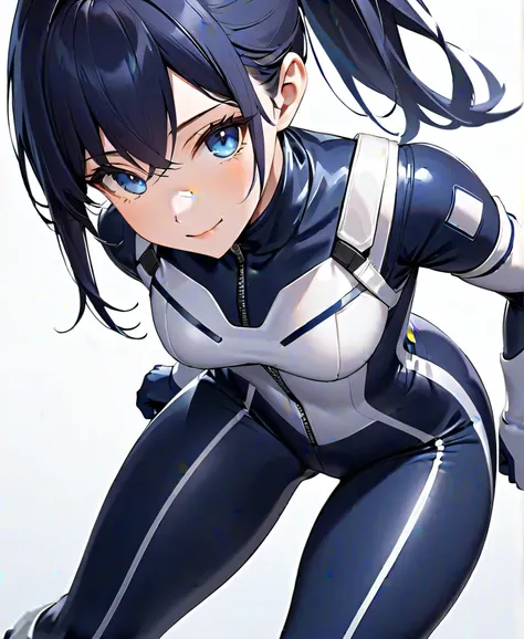 (​masterpiece、  Top Quality、  highest resolution 、 Clear Images 、  detailed image 、  The angle is from above  ): (  one Japanese woman 、  High Ponytail 、  dark blue hair  、 Sparkling blue eyes 、(  white and navy blue pilot suit （Enamel Finish ）、white and d...