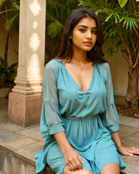 A beautiful realistic indian girl with seductive facial expressions wearing a beautiful dress