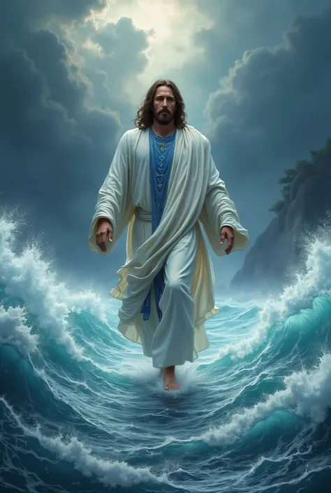 Jesus in a white robe with blue details walking on the water in the midst of a storm 