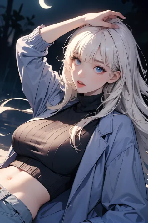 top quality,  hd ,4k  , high contrast , semi-realistic, 1lady, solo,  casual, long hair,long light platinum blonde hair, bangs,  blue coat, gray turtleneck sweater, moonlight, unique, Lying down　Raise your arms　Open your mouth