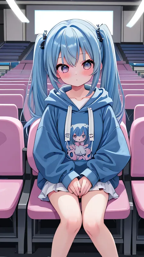   one girl 、 HOODIE、 blue hair 、 twin tails、Audience goals、anime、 pretty girl、  Slouching 、 make you blush、