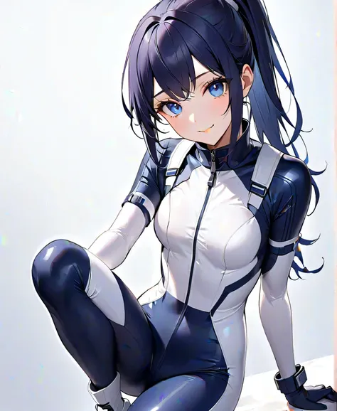 (​masterpiece、  Top Quality、  highest resolution 、 Clear Images 、  detailed image 、  The angle is from above  ): (  one Japanese woman 、  High Ponytail 、  dark blue hair  、 Sparkling blue eyes 、(  white and navy blue pilot suit （Enamel Finish ）、white and d...