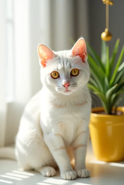 The image shows a  white cat with striking yellow eyes sitting on a white surface. Sunlight is shining from the left side, highlighting the cat’s glossy fur and giving it a warm, radiant glow. Behind the cat, there is a yellow pot with green foliage, decor...