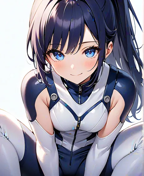 (​masterpiece、  Top Quality、  highest resolution 、 Clear Images 、  detailed image 、  The angle is from above  ): (  one Japanese woman 、  High Ponytail 、  dark blue hair  、 Sparkling blue eyes 、(  white and navy blue pilot suit （Enamel Finish ）、white and d...