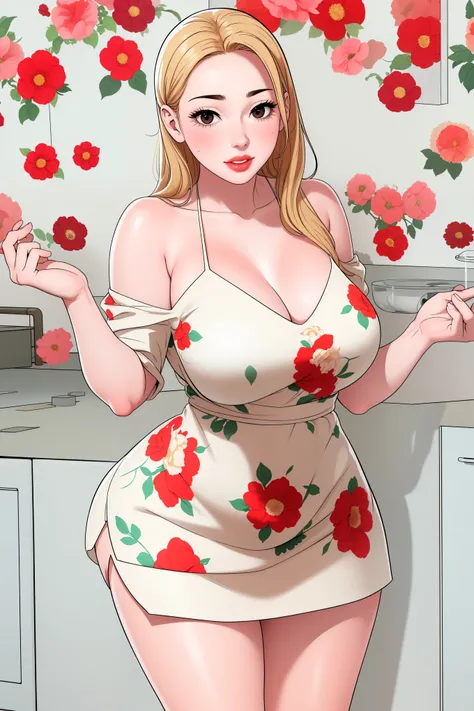 An extremely beautiful sexy woman, with blonde hair, big brown eyes, fair white skin, and plump red glossy lips. She's wearing a short white floral dress with spaghetti straps and a brown sweater worn in an off-shoulder style. She's standing straight, hand...