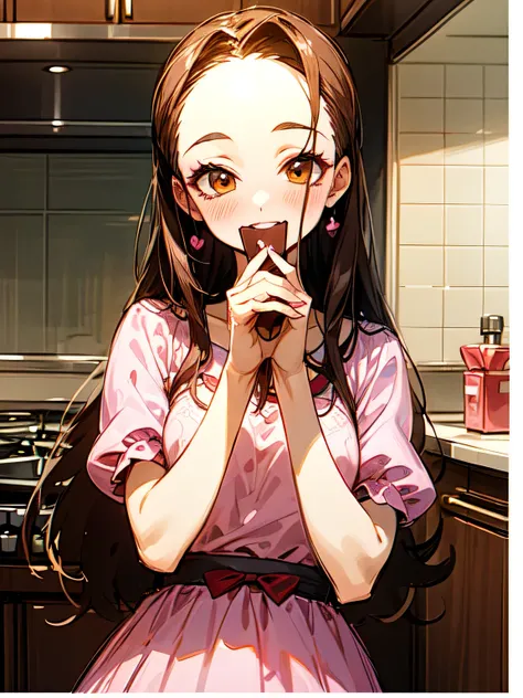 Alone,upperbody,looking at viewer, older sister's facial appearance ,makeup,brown thin long hair,big forehead,(Forward hands with Valentine's Day chocolate present),:1.2check pattern pink dress, cute kitchen ,smile,( manga style),(sketch),(illustration), M...