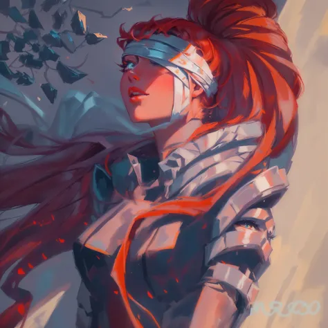 anime - style painting of a woman with red hair and a blindfold, alena aenami and artgerm, rossdraws 1. 0, rossdraws 2. 0, :: rossdraws, rossdraws 2. 5, rossdraws digital painting, inspired by rossdraws, lois van baarle and rossdraws, artgerm and atey ghai...