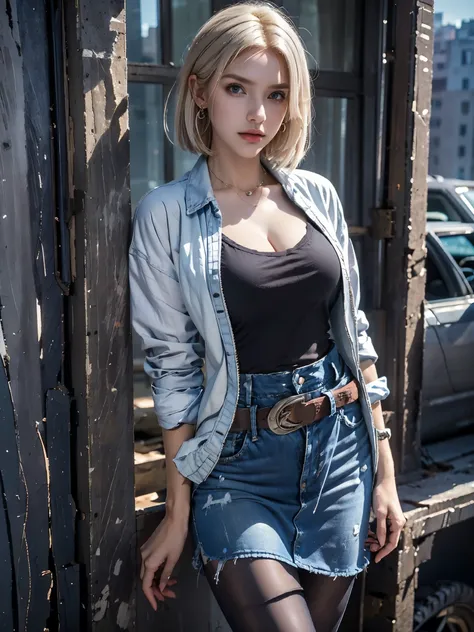  masterpiece,  high resolution, 8,000,( Portrait Photos:1.5),(R Original Photo),Reality,Digital Photography,(Ruins of the Apocalypse  ),City ruins，Single，Enjinight,  1girl ,  Android 18, Alone, blonde hair, pantyhose, Denim skirt, skirt, denim, blue eyes, ...