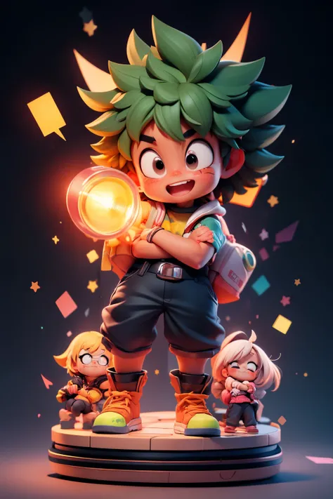 city street, Super cute Izuku Midoriya full body 3D image, 1pc, good eyes looking, big eyes, cute, happy, c4d, pop matt blind box, bright street light, toys, solid color background, chibi, fluorescent translucency, luminous body, kawaii, doll, Reference ta...