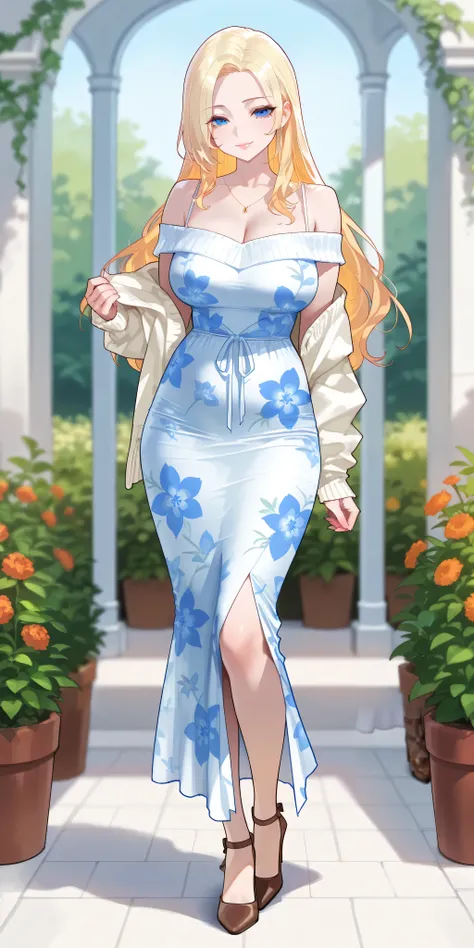 An extremely gorgeous beautiful woman with blonde hair. She has extremely fair white skin, red plump glossy lips, big blue eyes, and a slim hourglass figure. She's wearing a long white floral dress with spaghetti straps, a pink front-open sweater worn in a...