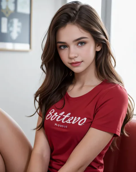 A very beautiful and mesmerizing portrait of a very sweet and innocent 19 year old Caucasian model, Long wavy Brunette hair, looking at viewer with a slight smirk, perfect composition, smiling, wearing a plain red Tee with yoga pants, hyper realistic flawl...