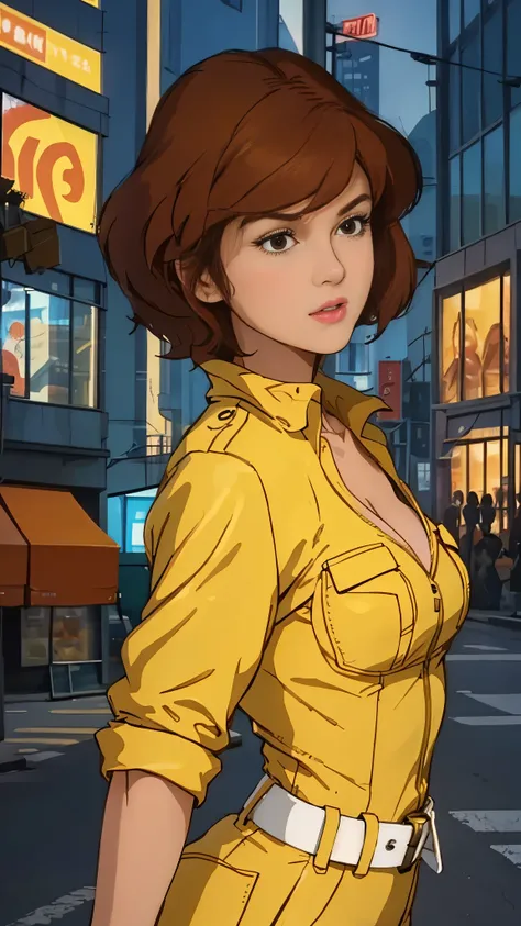 unreal engine:1.4,UHD,The best quality:1.4, photorealistic:1.4, skin texture:1.4, masterpiece:1.8,posing from behind Abril O'Neil waifu, 1980s \(style\), 1 woman, brown hair, Red hair,short hair,orange hair,serious expression, worried expression, Retro art...