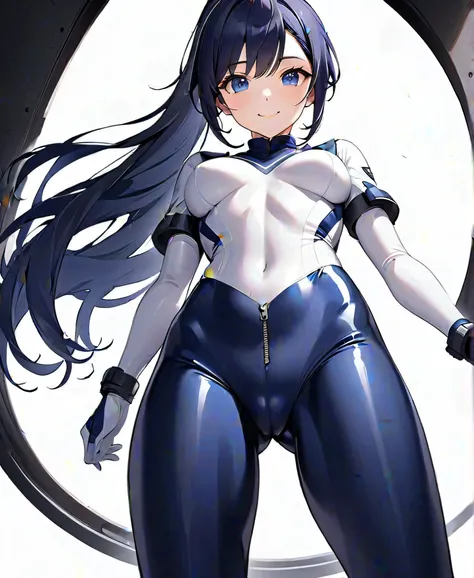 (​masterpiece、  Top Quality、  highest resolution 、 Clear Images 、  detailed image 、  The angle is from above  ): (  one Japanese woman 、  High Ponytail 、  dark blue hair  、 Sparkling blue eyes 、(  white and navy blue pilot suit （Enamel Finish ）、white and d...